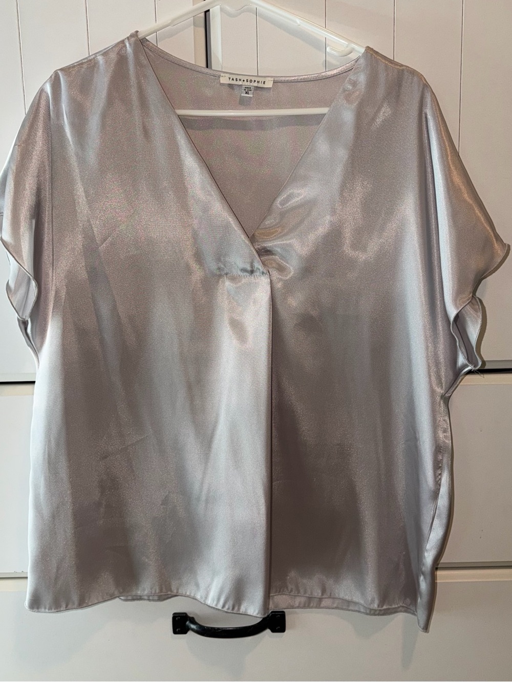 Tasha & Sophie NWOT Silver Satin V-Neck Blouse